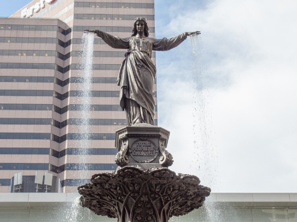 View of the Genius of Water statue at fountain square in Cincinnati.
