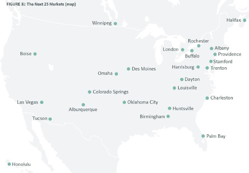 A map of the US showing emerging tech markets