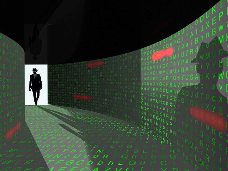 A silhouette of a hacker with a black hat in a suit enters a hallway with walls textured with random letters and common passwords 3D illustration cybersecurity concept