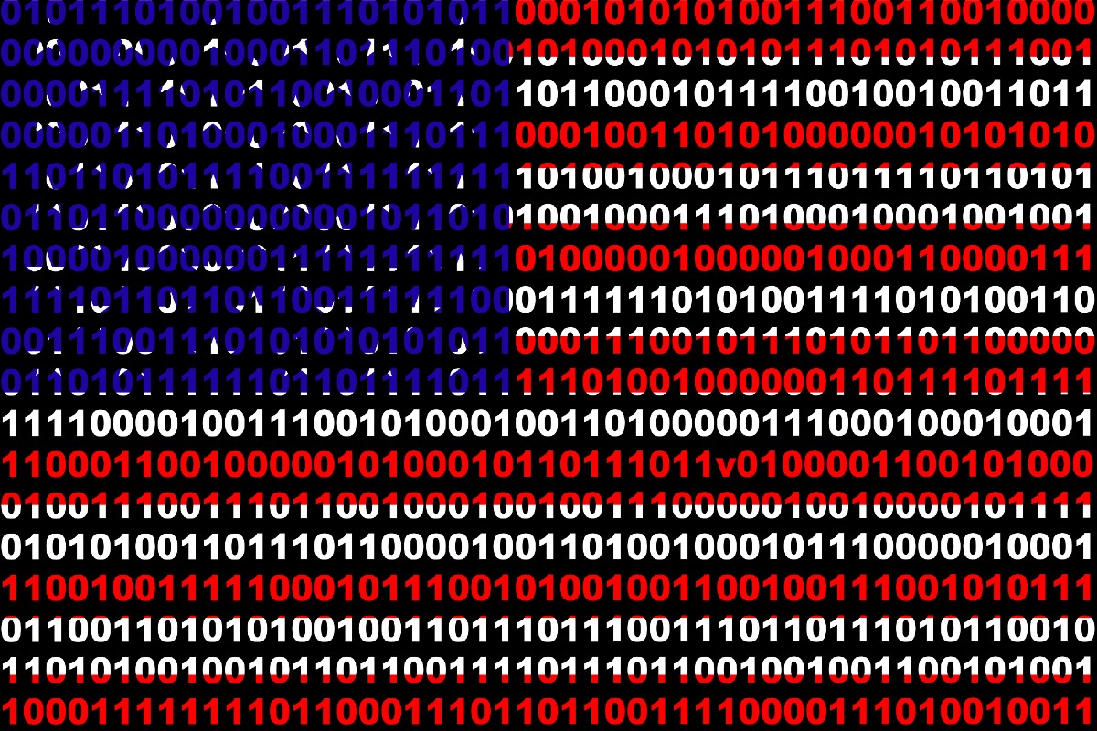 Hacker United States (USA). Digital USA flag and a binary background cybersecurity concept with 0 and 1.